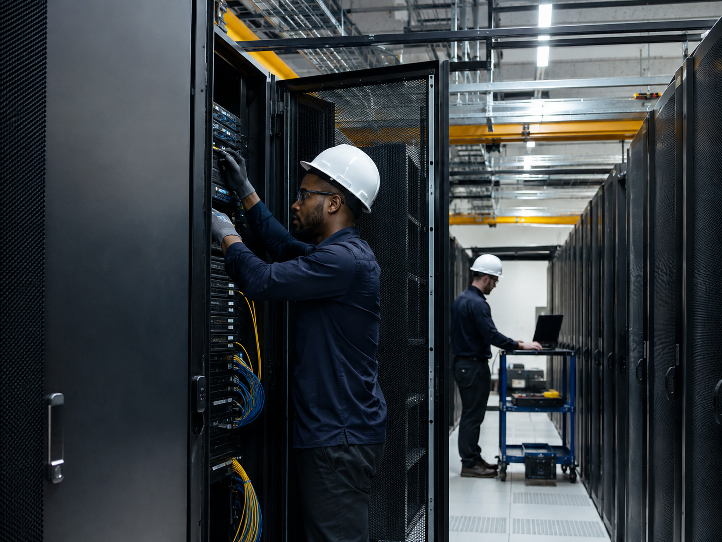 Technicians working in a modern data center